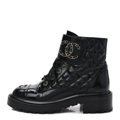 Chanel Shiny Calfskin Quilted Lace Up Combat Boots 38.5 Black 1 of 8