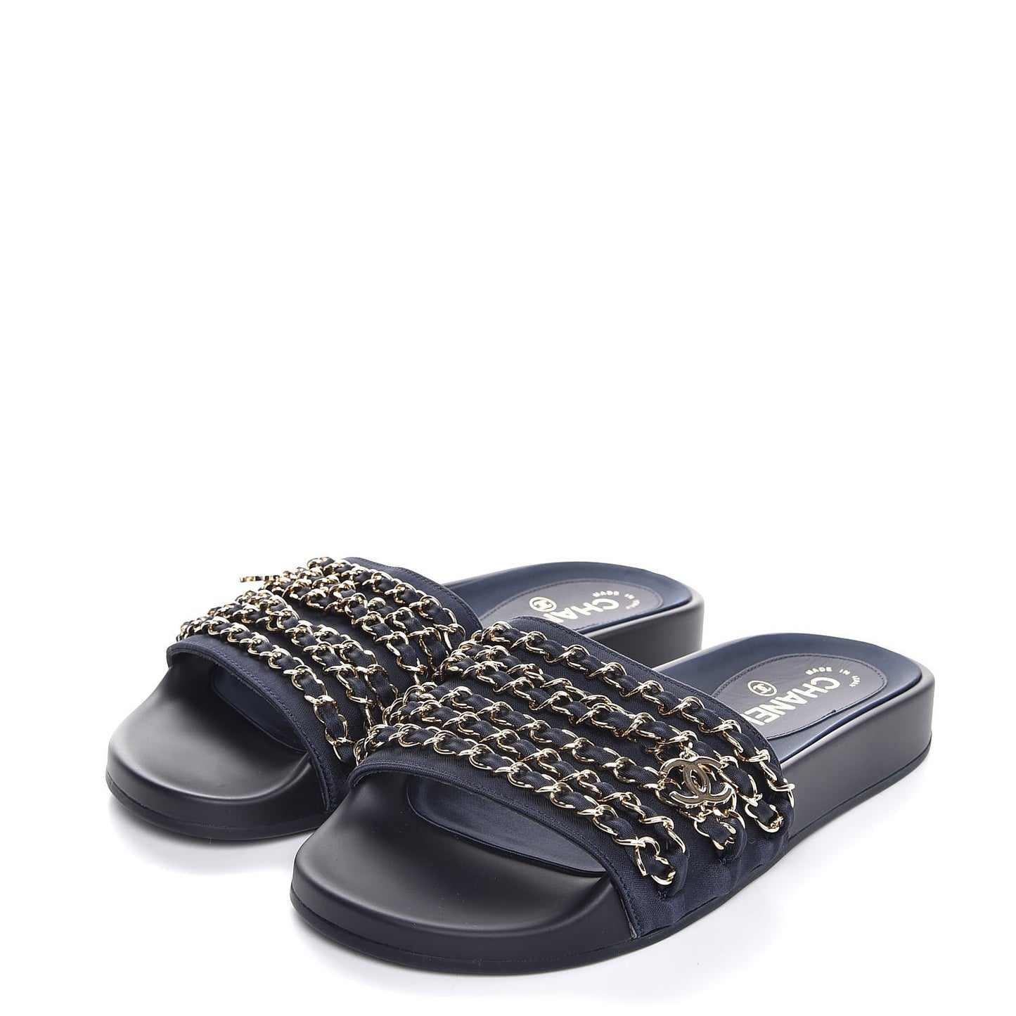 Satin Chain Flat Sandals 38 Marine