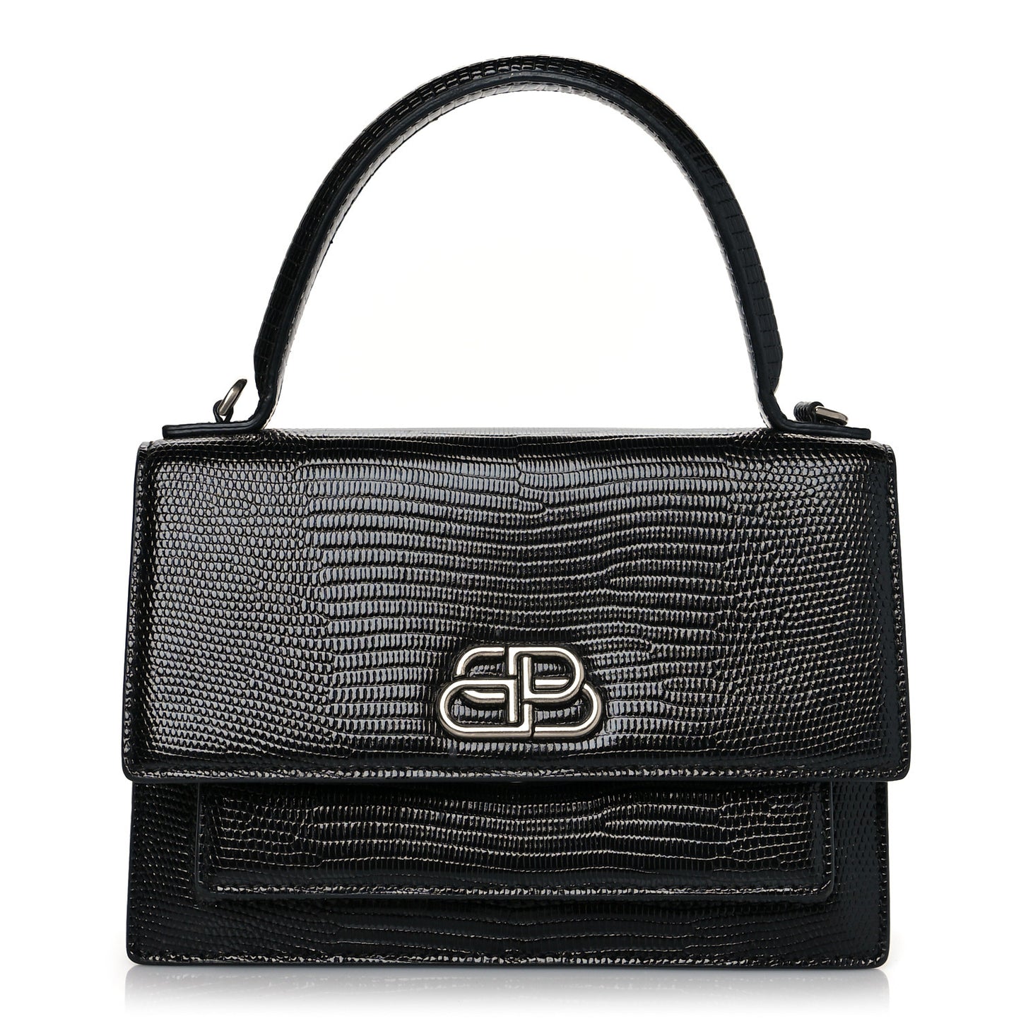 Patent Calfskin Lizard Embossed XS Sharp Top Handle Bag Black