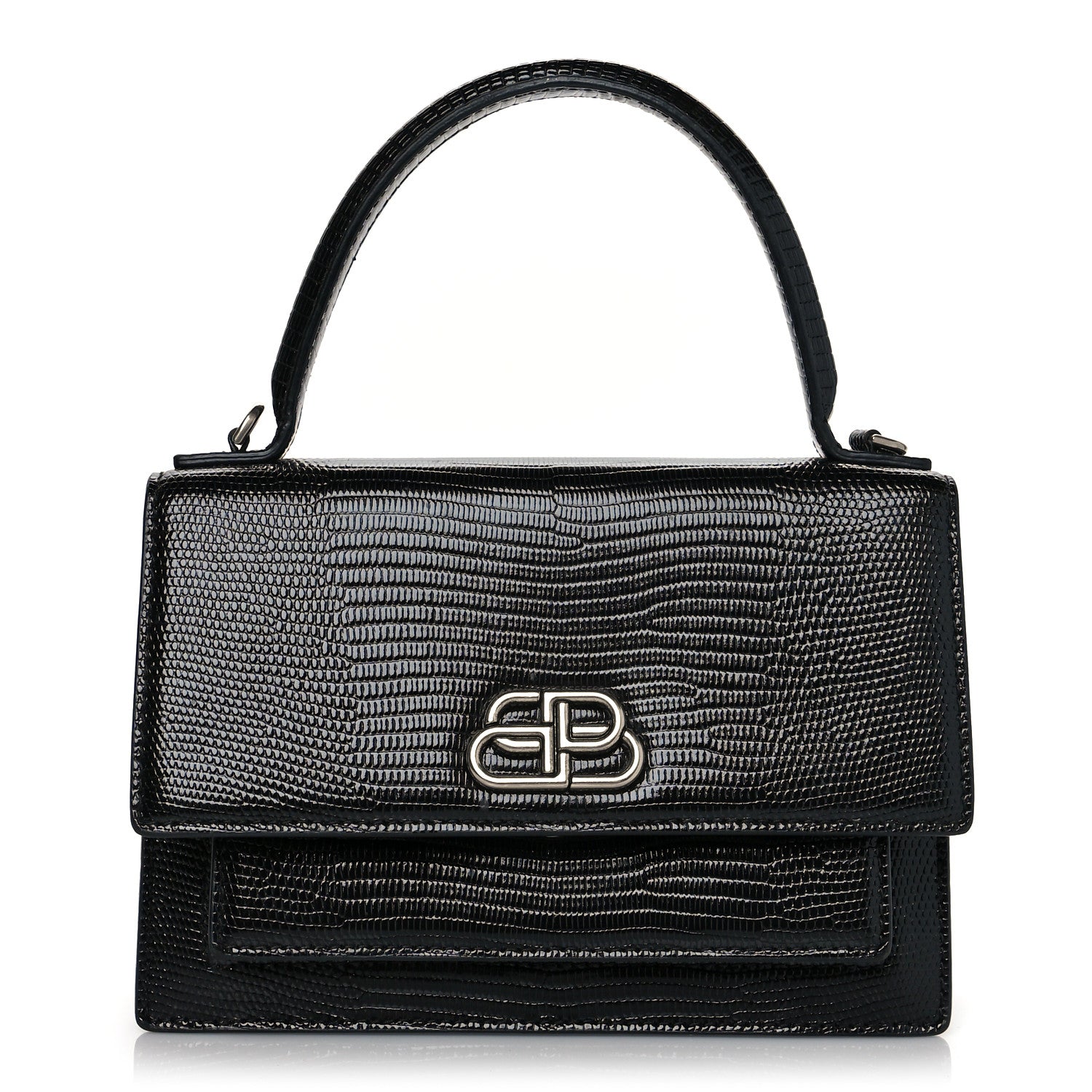 Balenciaga Patent Calfskin Lizard Embossed XS Sharp Top Handle Bag Black 1 of 9