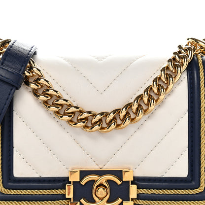 Chanel Calfskin Chevron Quilted Braided Small Boy Flap White Navy 8 of 12