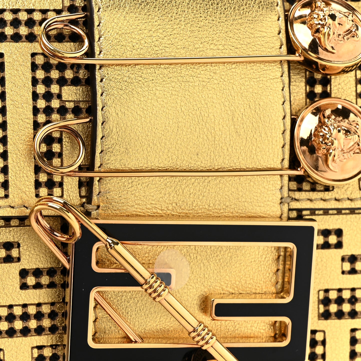 X VERSACE Vitello Laminato Nappa Perforated Fendace FF Baroque Mini Brooch Baguette Gold