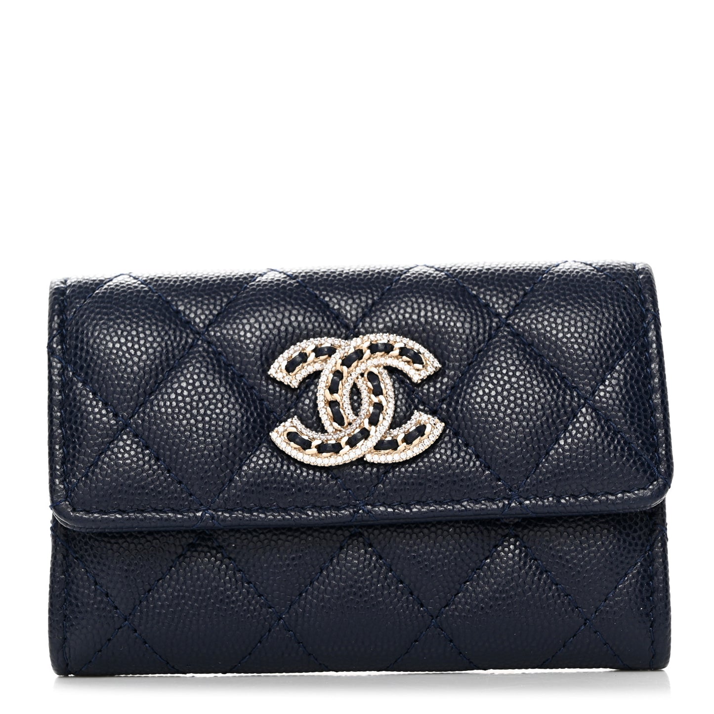 Caviar Quilted Crystal CC Flap Card Holder Navy Blue