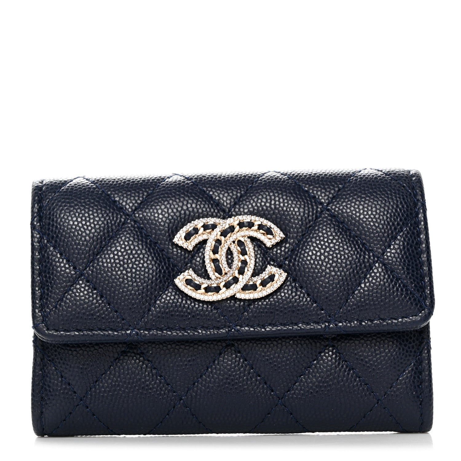 Chanel Caviar Quilted Crystal CC Flap Card Holder Navy Blue 1 of 8