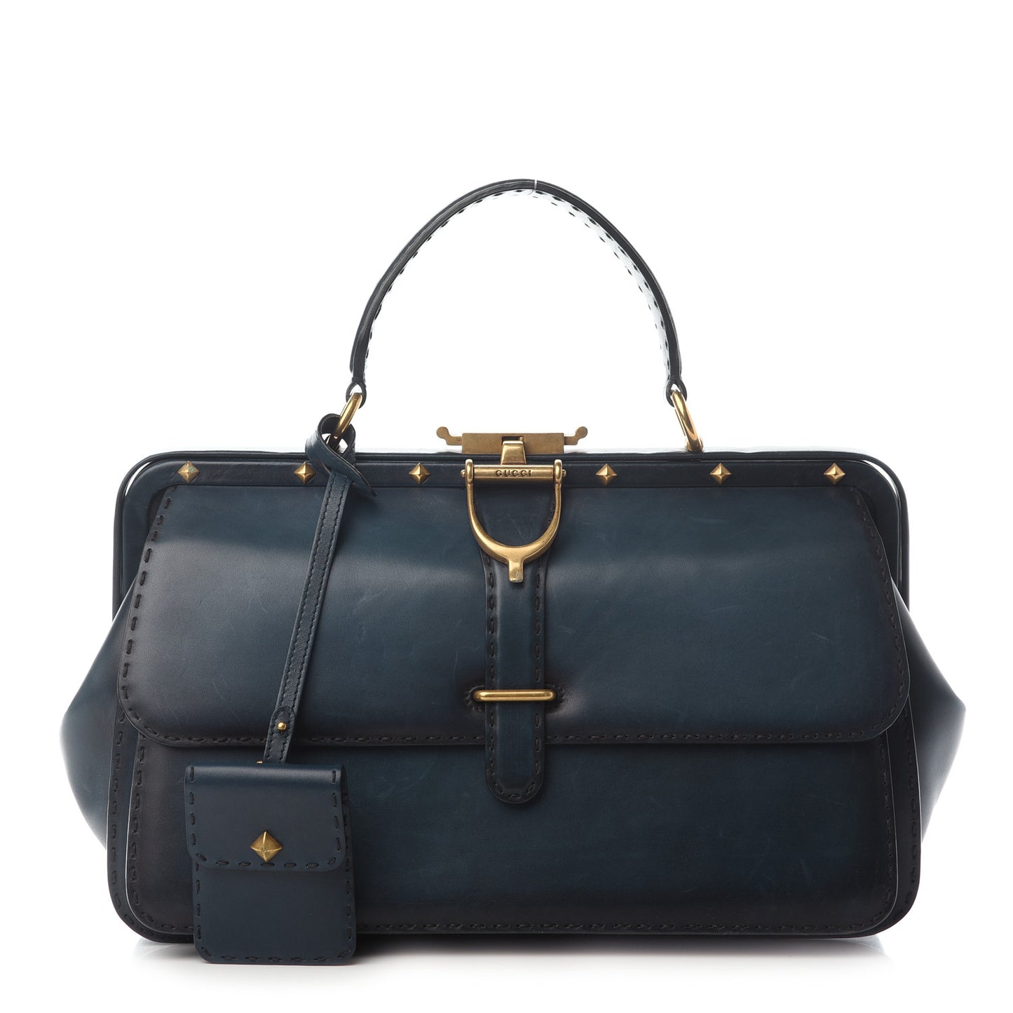 Calfskin Large Lady Stirrup Top Handle Dark Blue