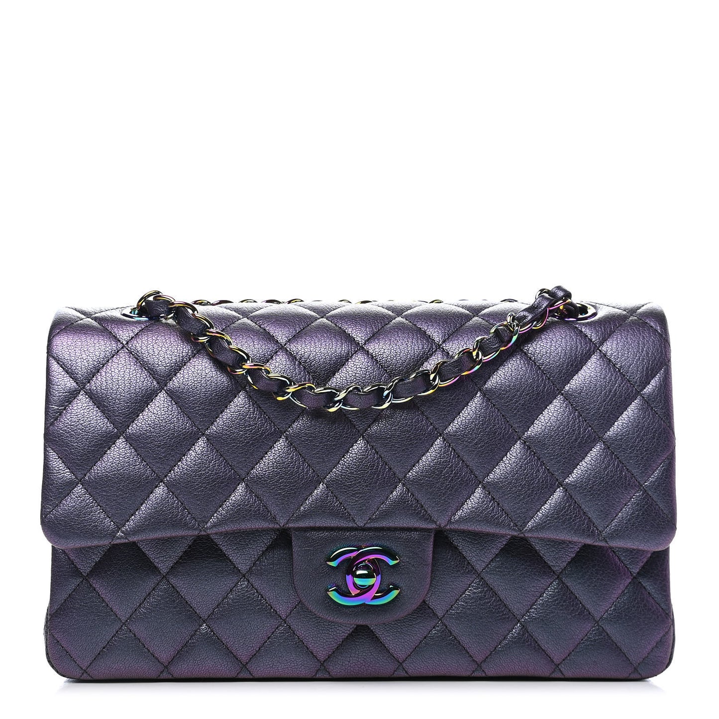 Iridescent Goatskin Quilted Medium Double Flap Purple