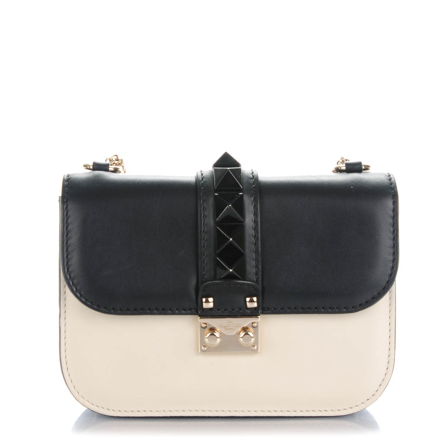 Vitello Small Glam Lock Rockstud Flap Black Light Ivory
