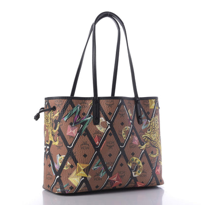 MCM Visetos Calfskin Motif Rombi Lion Printed Reversible Shopper Tote Cognac 4 of 10