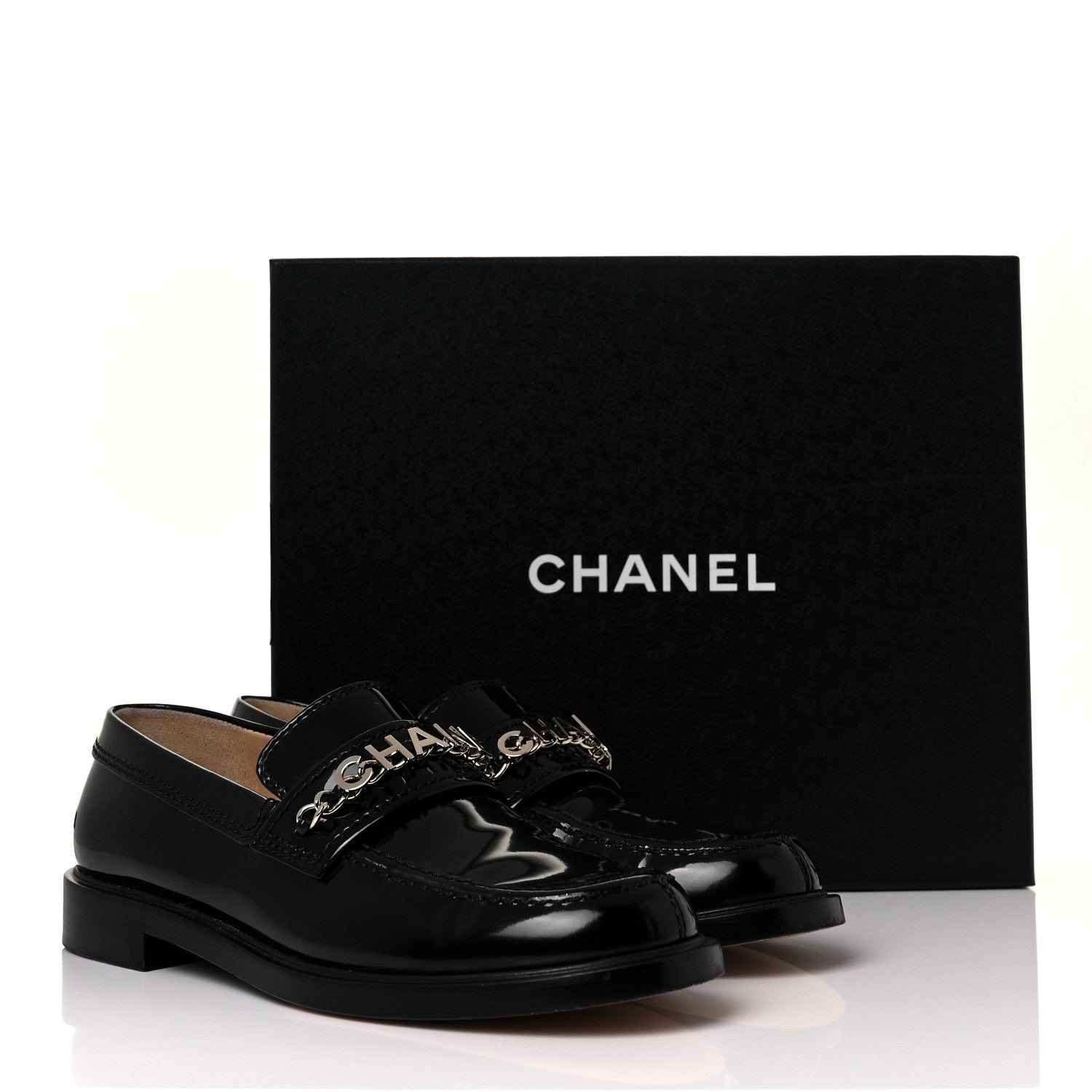 Chanel Shiny Calfskin Logo Loafers 38.5 Black 10 of 10