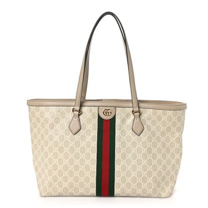 Gucci GG Supreme Monogram Textured Dollar Calfskin Web Medium Ophidia Shopping Tote Beige Mystic White Oatmeal 1 of 10