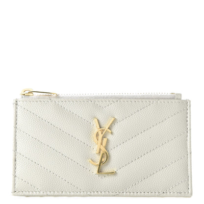 Saint Laurent Grain De Poudre Matelasse Chevron Monogram Fragments Zippered Card Case White 1 of 8