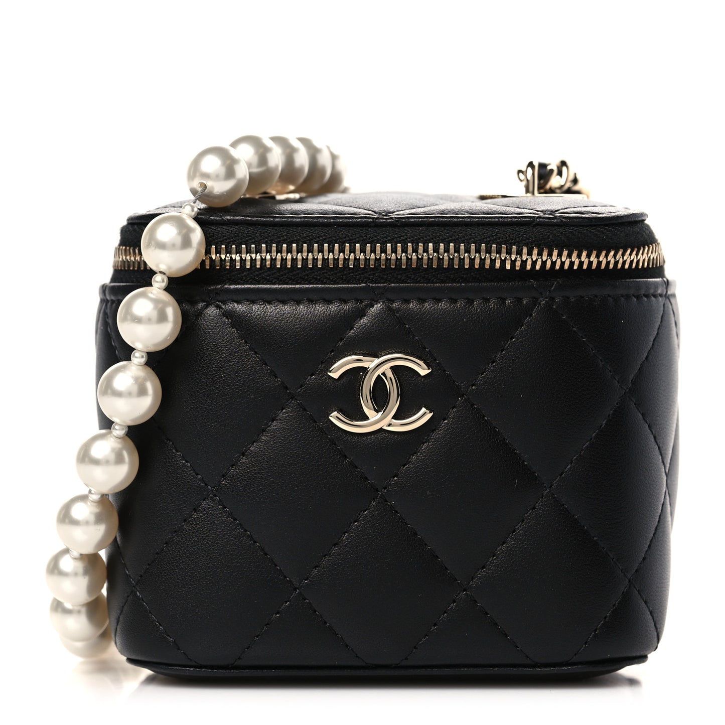 Lambskin Quilted Mini Vanity Case With Pearl Chain Black