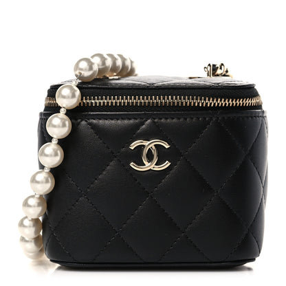 Chanel Lambskin Quilted Mini Vanity Case With Pearl Chain Black 1 of 9
