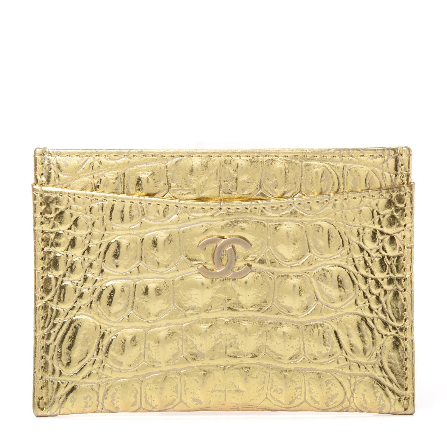 Chanel Metallic Calfskin Crocodile Embossed Cocodile Card Holder Gold 1 of 12