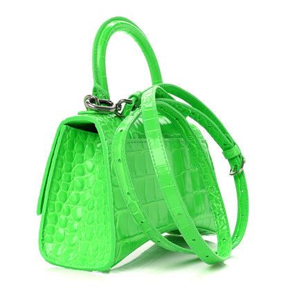 Balenciaga Shiny Calfskin Strass Crocodile Embossed Hourglass Top Handle Bag XS Fluo Green 3 of 10