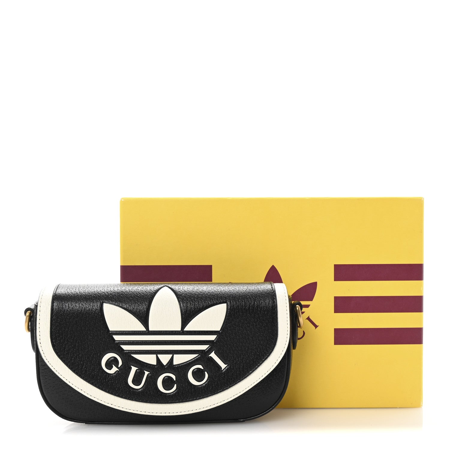 Gucci X ADIDAS Textured Dollar Calfskin Web Trefoil Logo Messenger Bag Black Off White 10 of 10