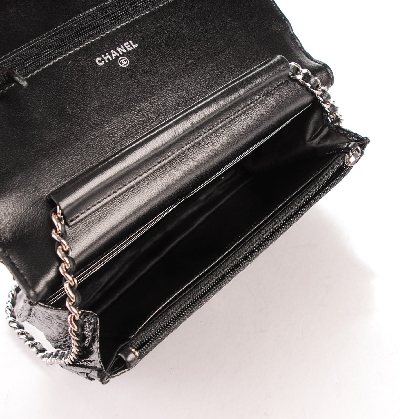 Distressed Patent Calfskin Quilted Wallet on Chain WOC Black