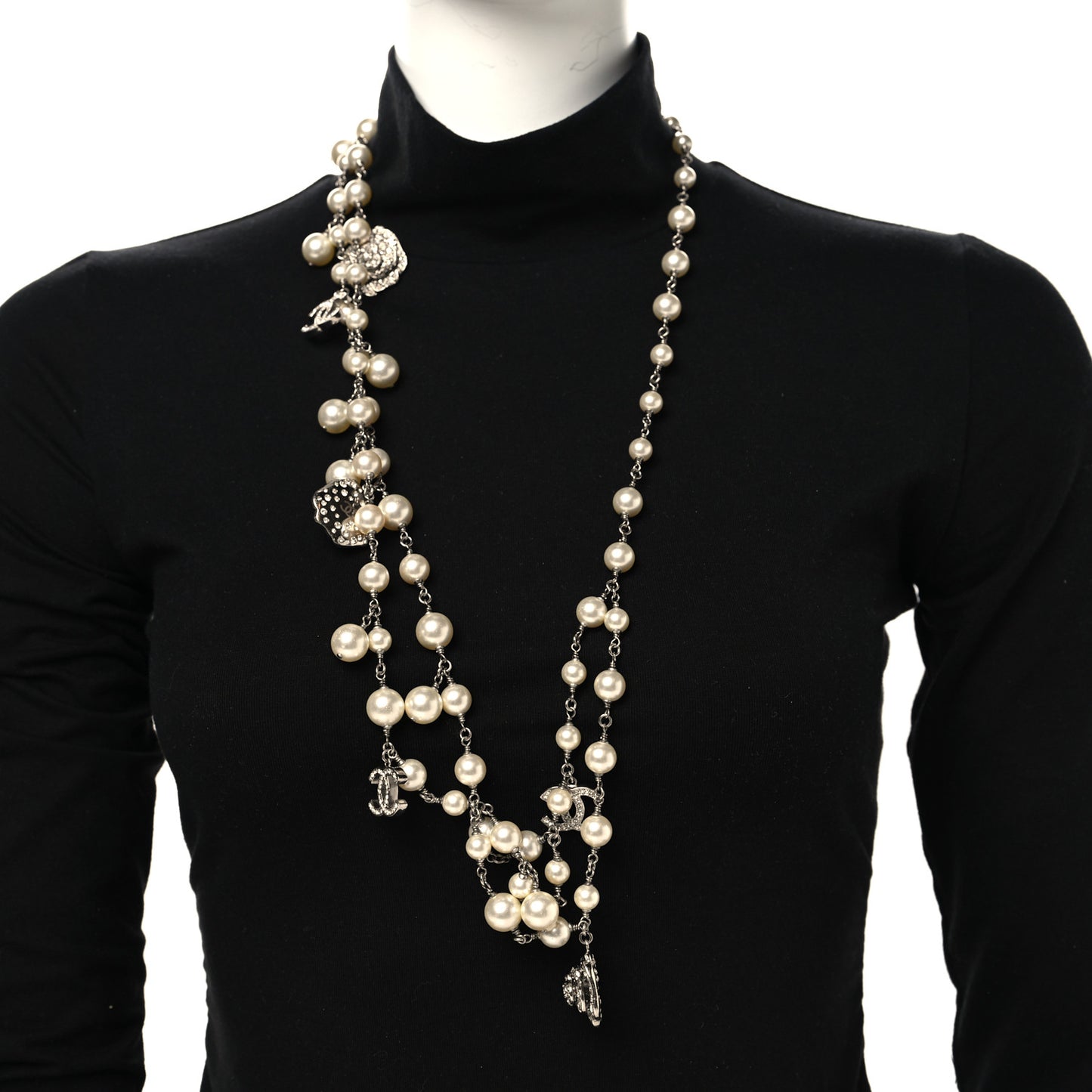 Crystal Pearl Camellia CC Long Necklace Silver Pearly White