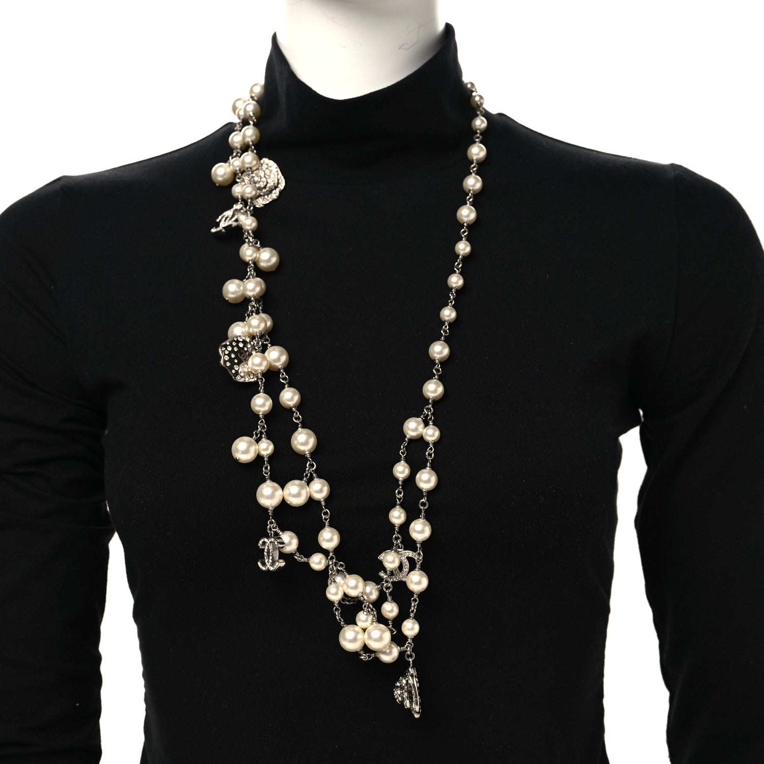 Chanel Crystal Pearl Camellia CC Long Necklace Silver Pearly White 2 of 4