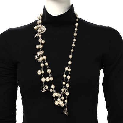 Chanel Crystal Pearl Camellia CC Long Necklace Silver Pearly White 2 of 4