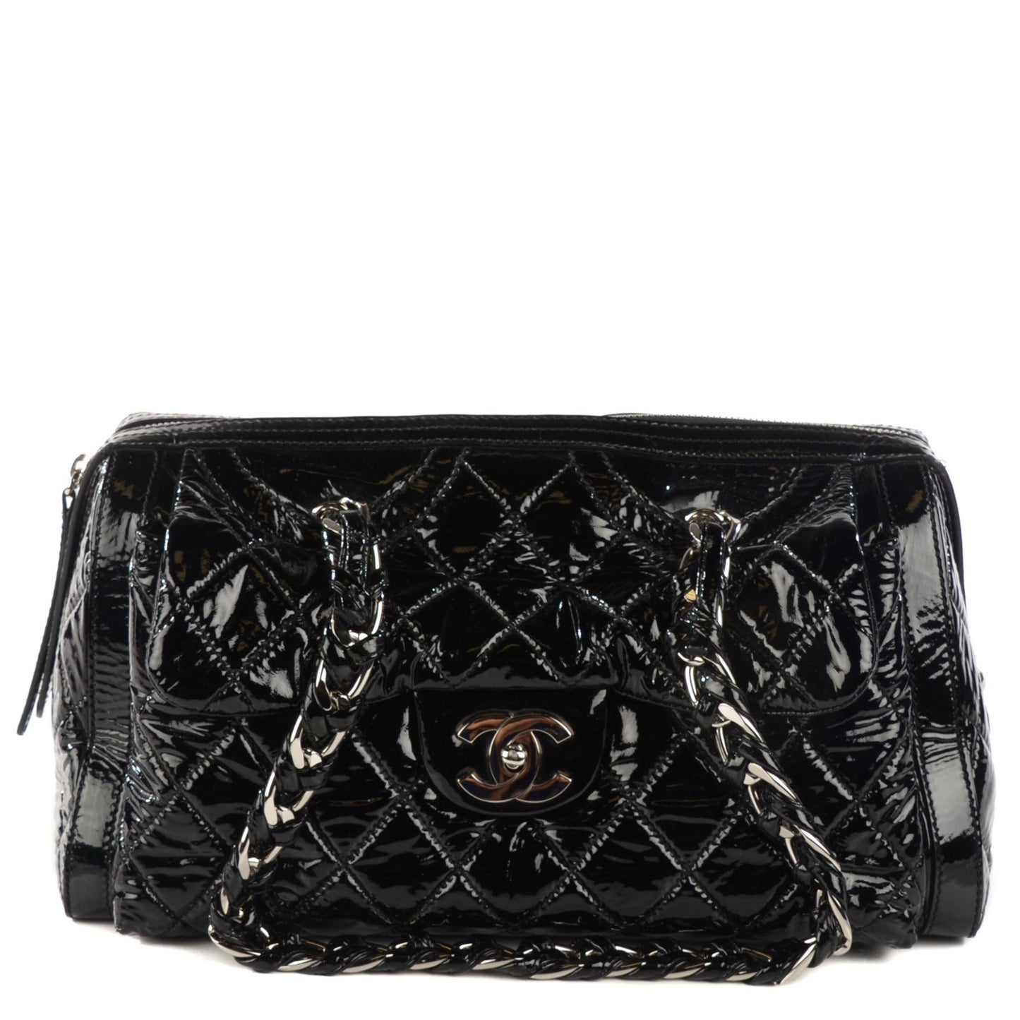 Patent Quilted Day Glo Flap Bag Black