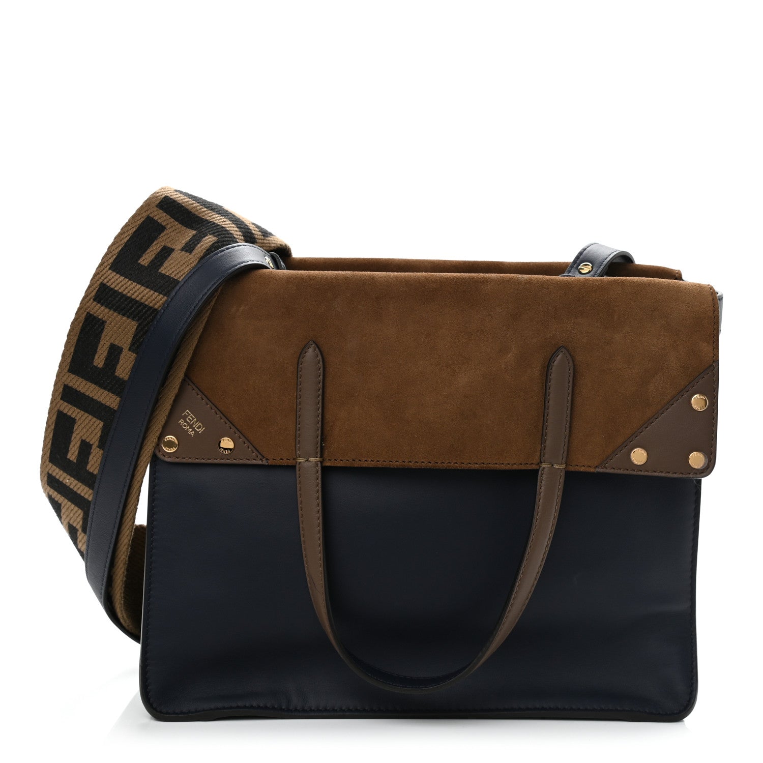 Fendi Vitello Grace Suede Large Flip Tote Midnight Marrone 1 of 11