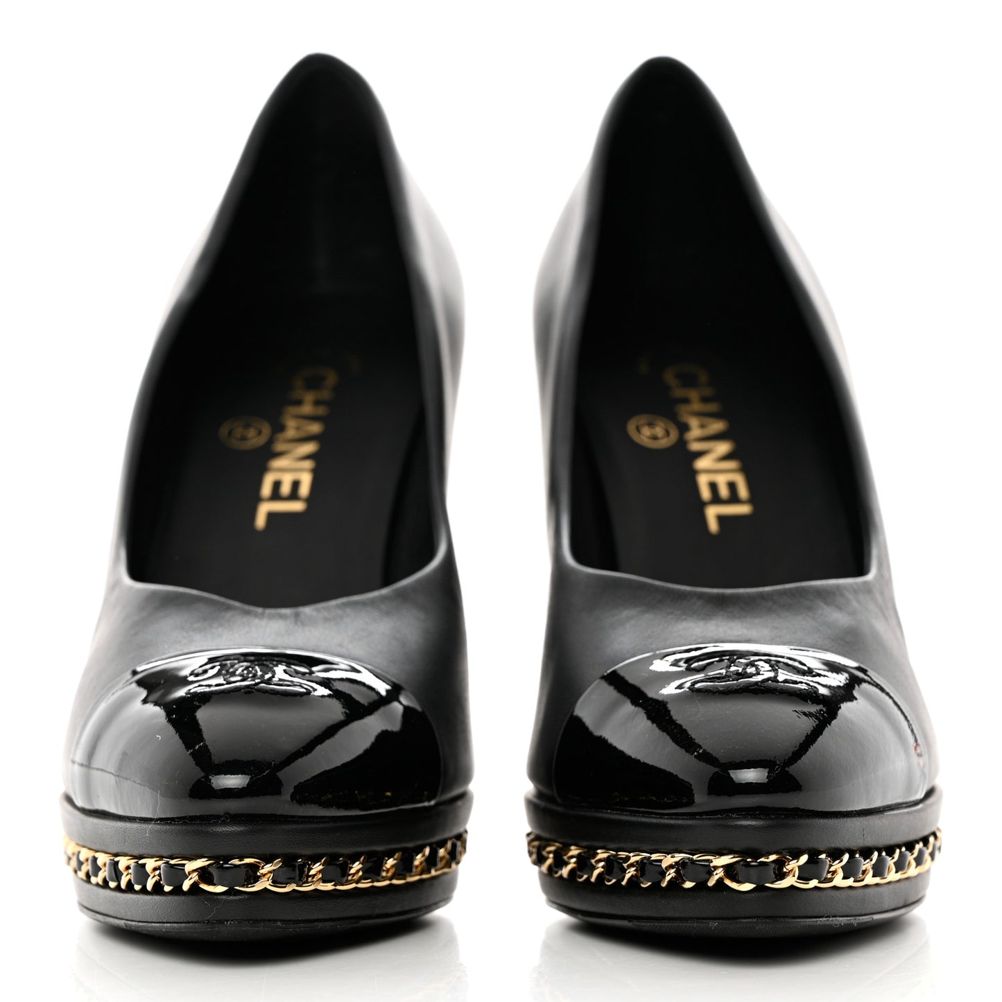 Lambskin CC Cap Toe Platform Chain Pumps 38 Black