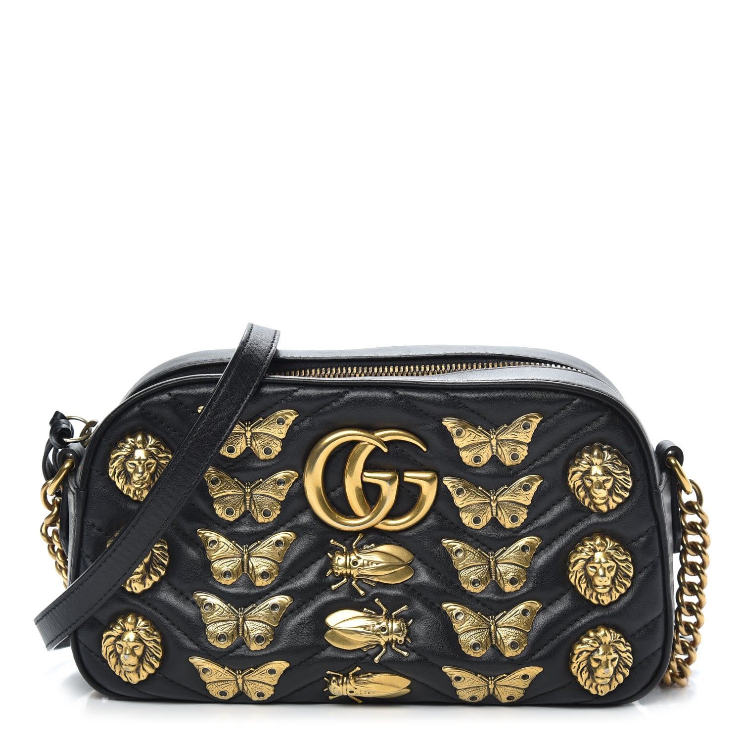 Gucci Calfskin Matelasse Animal Studs Small GG Marmont Chain Shoulder Bag Black 1 of 13