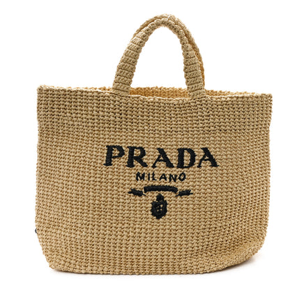 Prada Yarn Raffia Effect Crochet Embroidered Logo Tote Naturale 1 of 10