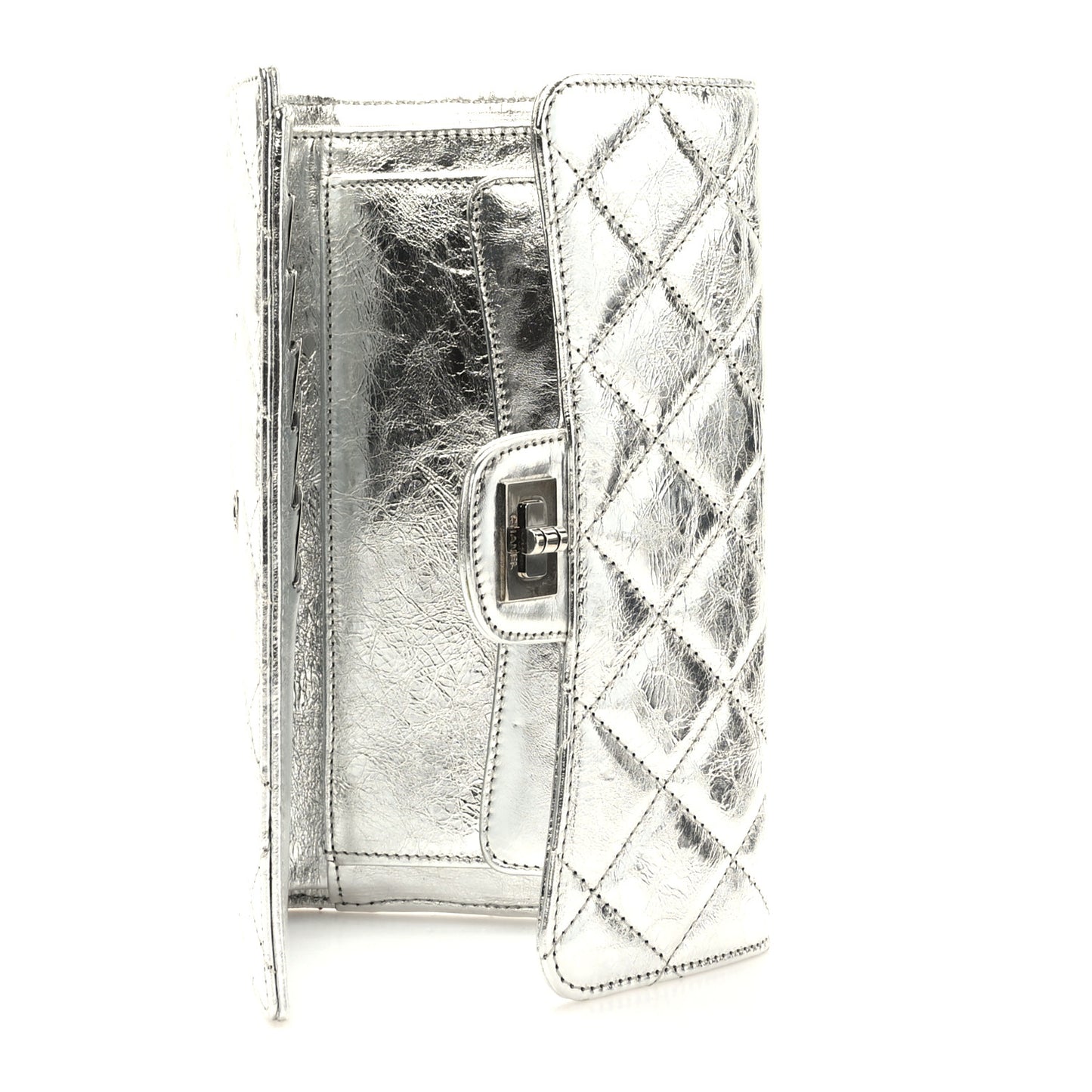 Metallic Aged Calfskin Quilted Reissue Long Flap Wallet Light Silver