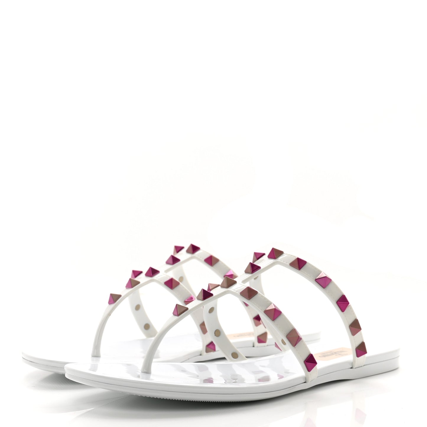 Nappa Rockstud Caged Flat Slide Sandals 38 Optic White Pink