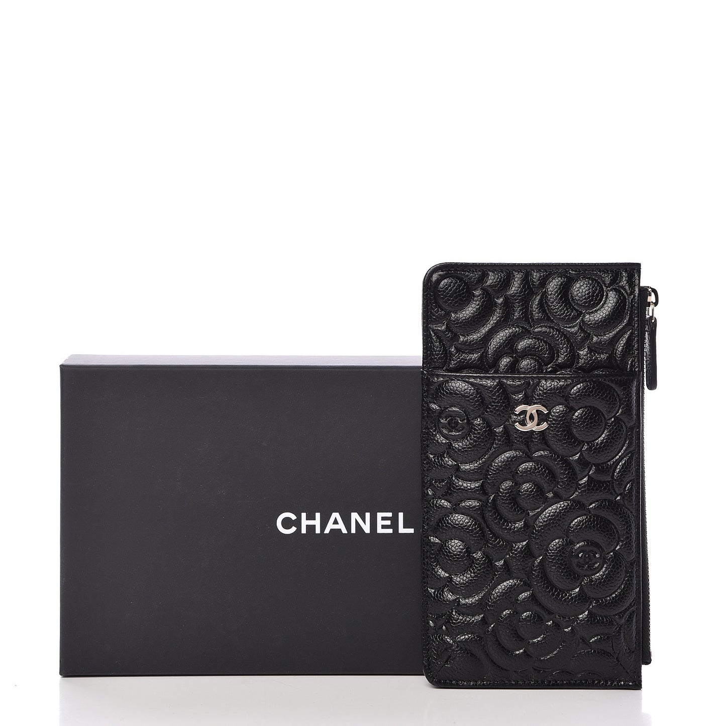 Caviar Camellia Embossed Classic Flat Wallet Pouch Black
