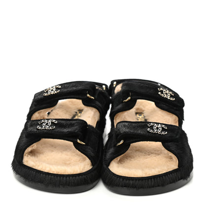 Chanel Calfskin Hair Suede Shearling Dad Sandals 39 Black 2 of 8