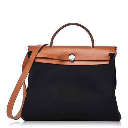 Hermes Toile Vache Calfskin Herbag 30 PM Black Natural 1 of 34