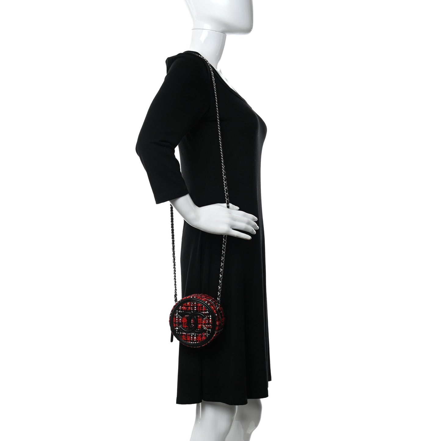 Tweed Quilted Round Filigree Clutch With Chain Red Black