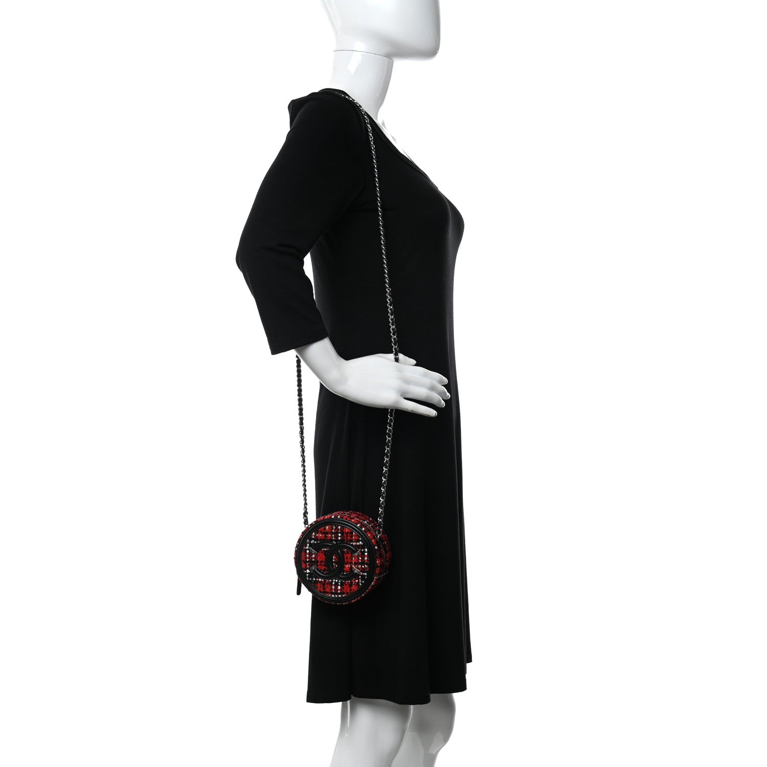 Chanel Tweed Quilted Round Filigree Clutch With Chain Red Black 2 of 9