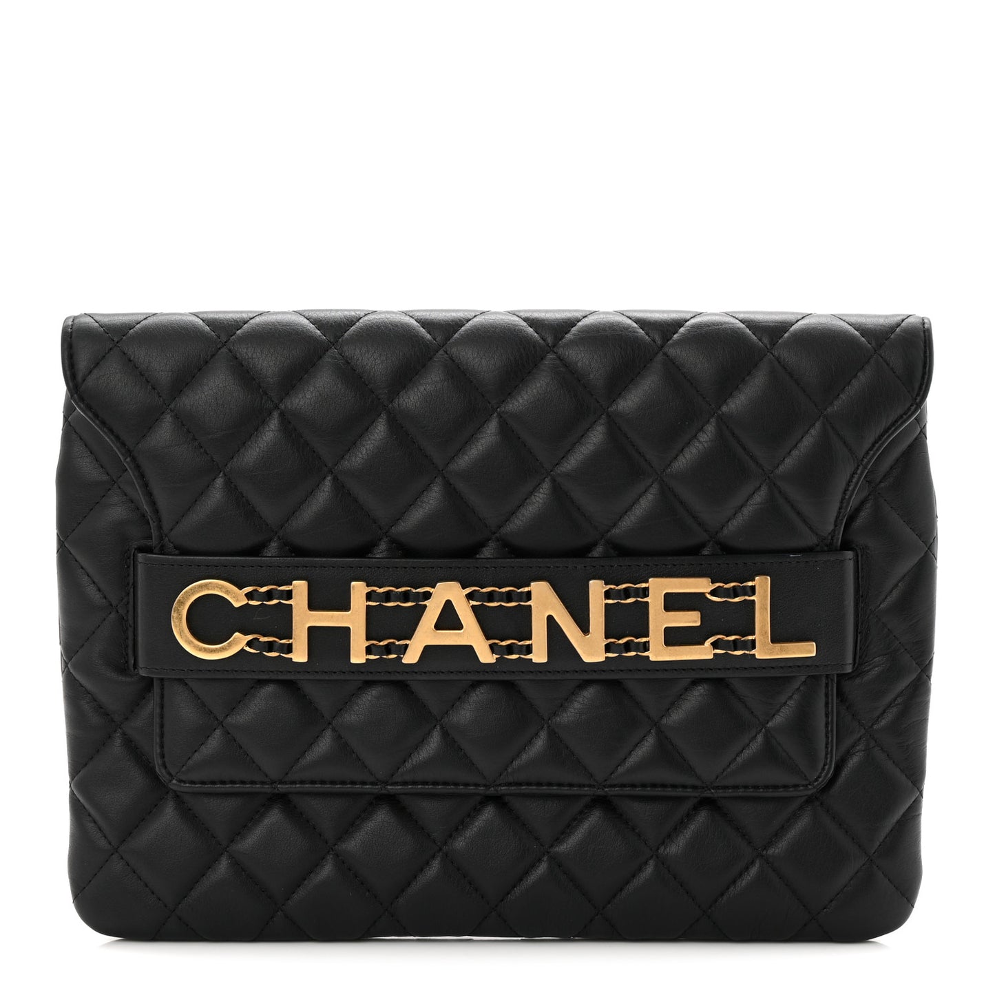 Calfskin Quilted Front Logo Enchained Clutch Black