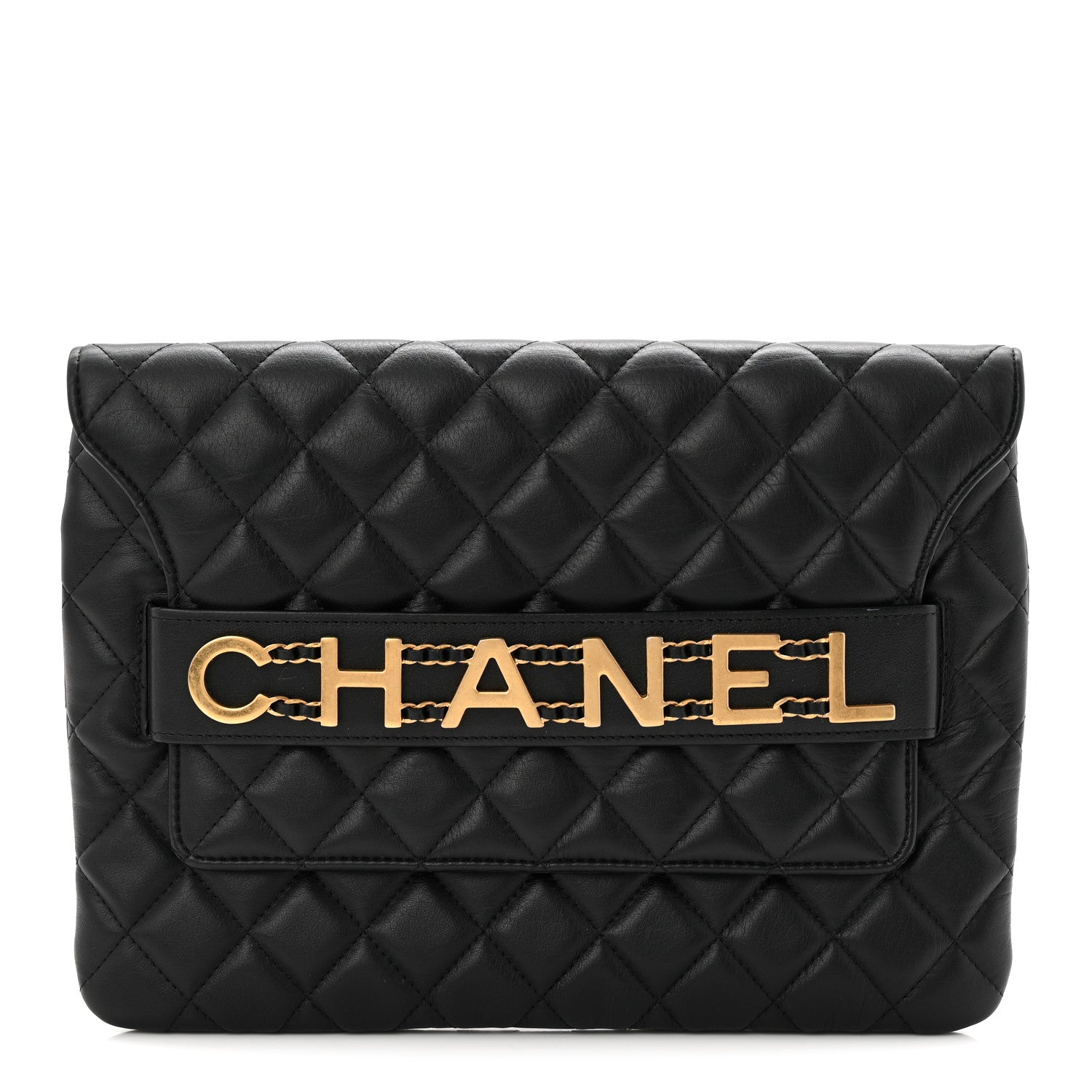 Chanel Calfskin Quilted Front Logo Enchained Clutch Black 1 of 8
