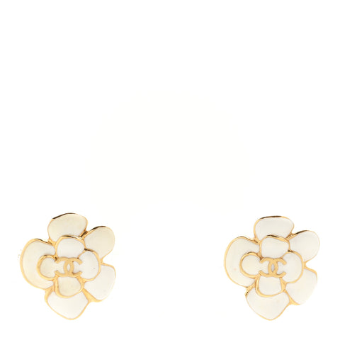 Metal Resin CC Camellia Stud Earrings Gold White