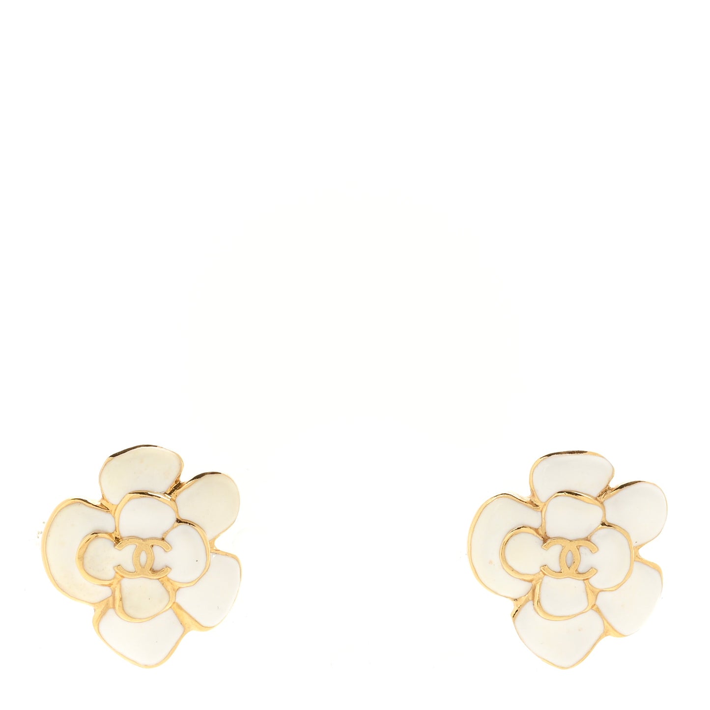 Metal Resin CC Camellia Stud Earrings Gold White