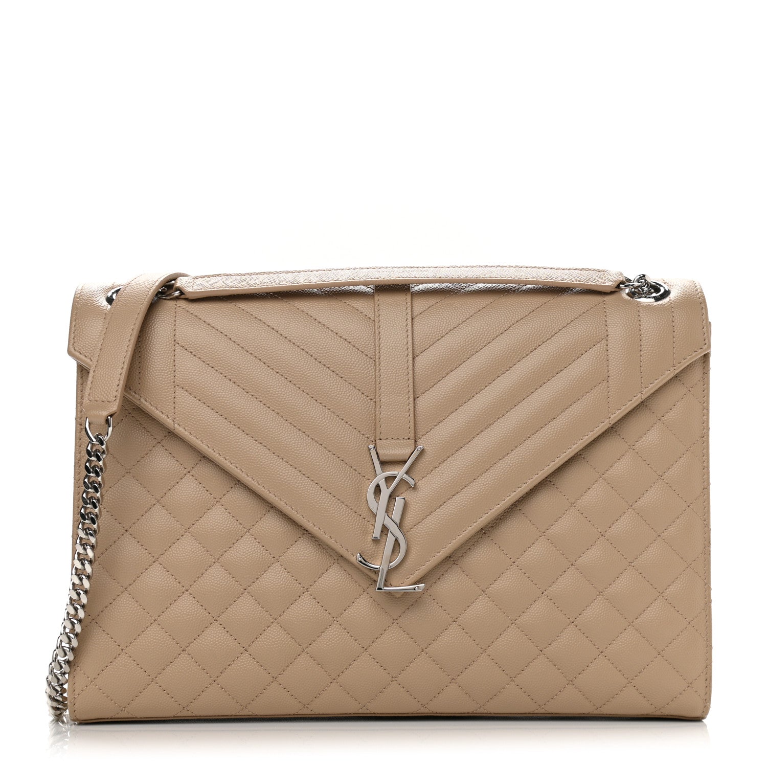 Saint Laurent Grain De Poudre Mixed Matelasse Large Triquilt Monogram Satchel Dark Beige 1 of 9