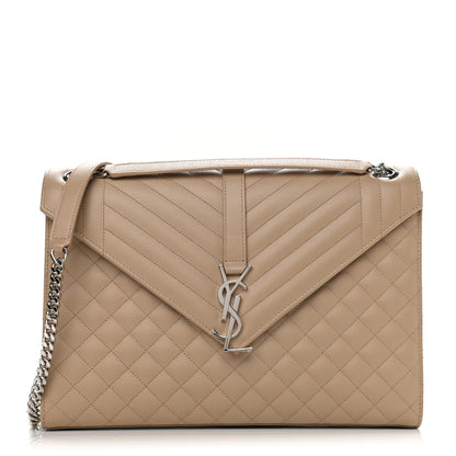 Saint Laurent Grain De Poudre Mixed Matelasse Large Triquilt Monogram Satchel Dark Beige 1 of 9