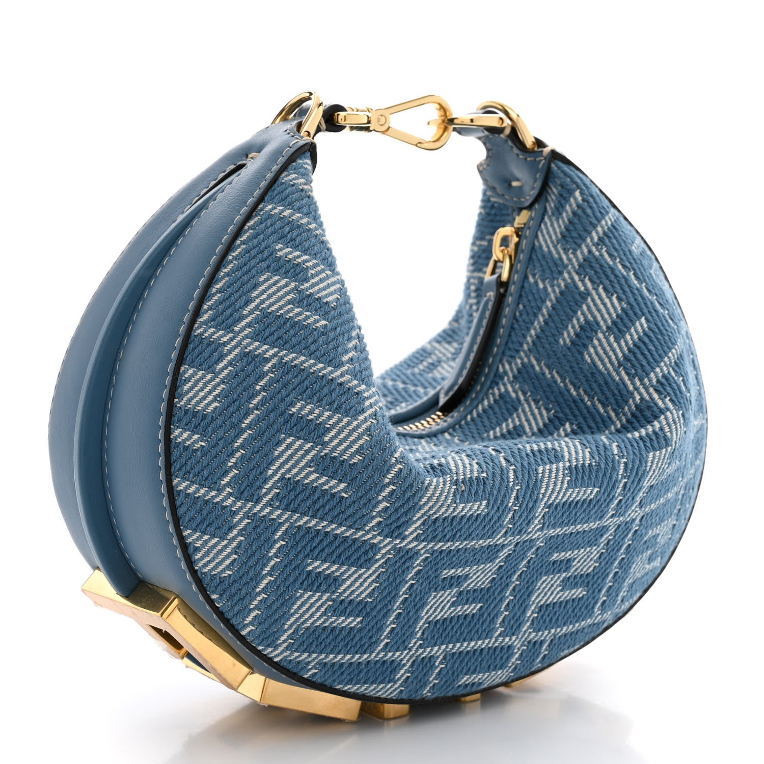 Fendi Denim Vitello King F is Fendi FF Embroidered Mini Fendigraphy Hobo Bag Denim Sand Blue White 3 of 10