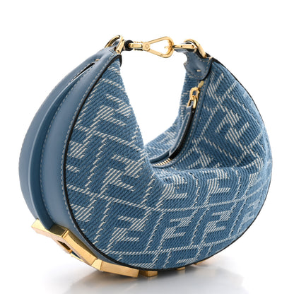 Fendi Denim Vitello King F is Fendi FF Embroidered Mini Fendigraphy Hobo Bag Denim Sand Blue White 3 of 10