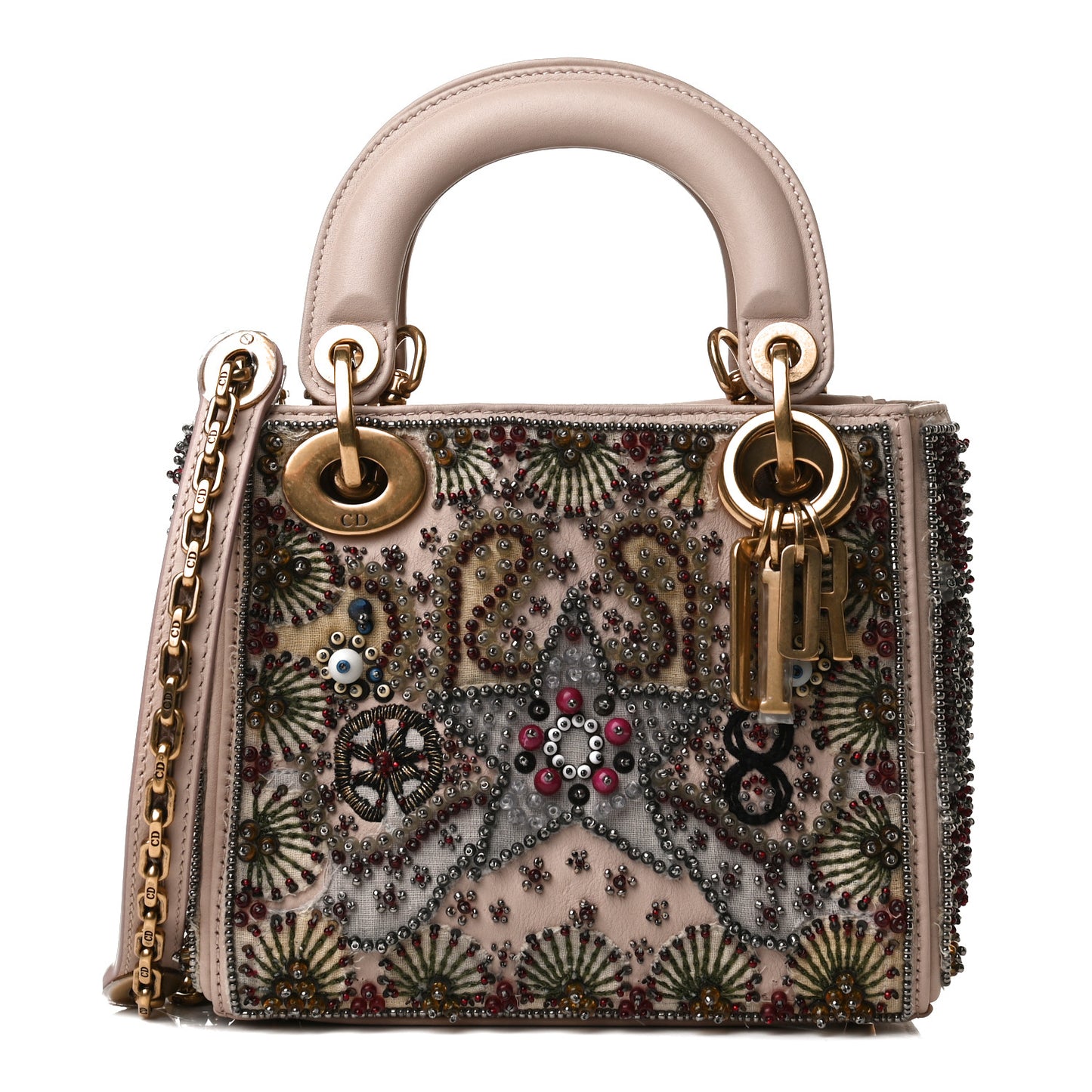 Calfskin Beaded Mini Lady Dior Beige Multicolor