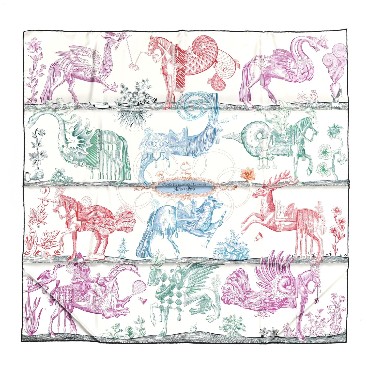 Hermes Silk Della Cavalleria Favolosa Double Face Scarf 90 Blanc Rouge Marine 1 of 5