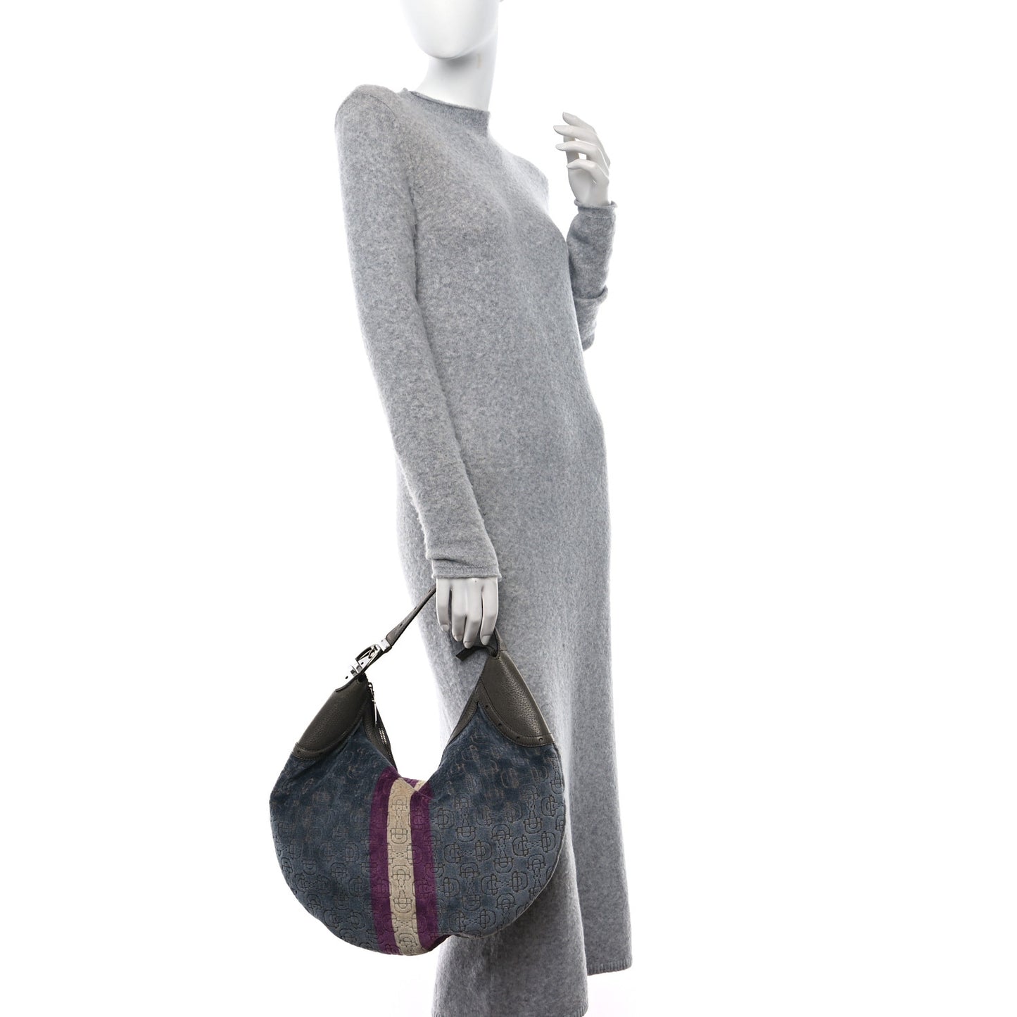 Velvet Horsebit Embossed Glam Hobo Grey