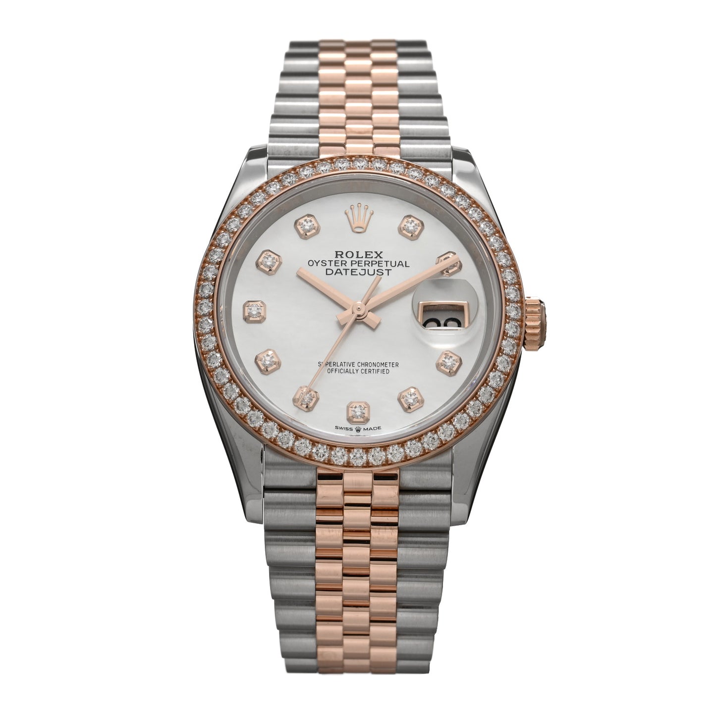 Stainless Steel 18K Everose Gold Diamond Bezel Mother of Pearl 36mm Oyster Perpetual Datejust Watch 126281RBR