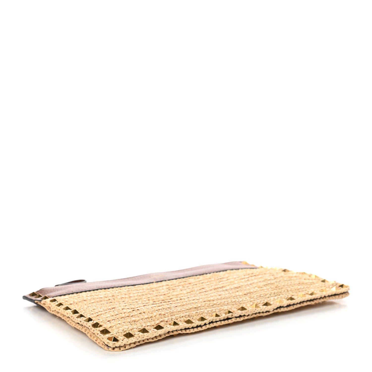 Valentino Garavani Raffia Calfskin Large Rockstud Zip Pouch Naturale Saddle Brown 4 of 6