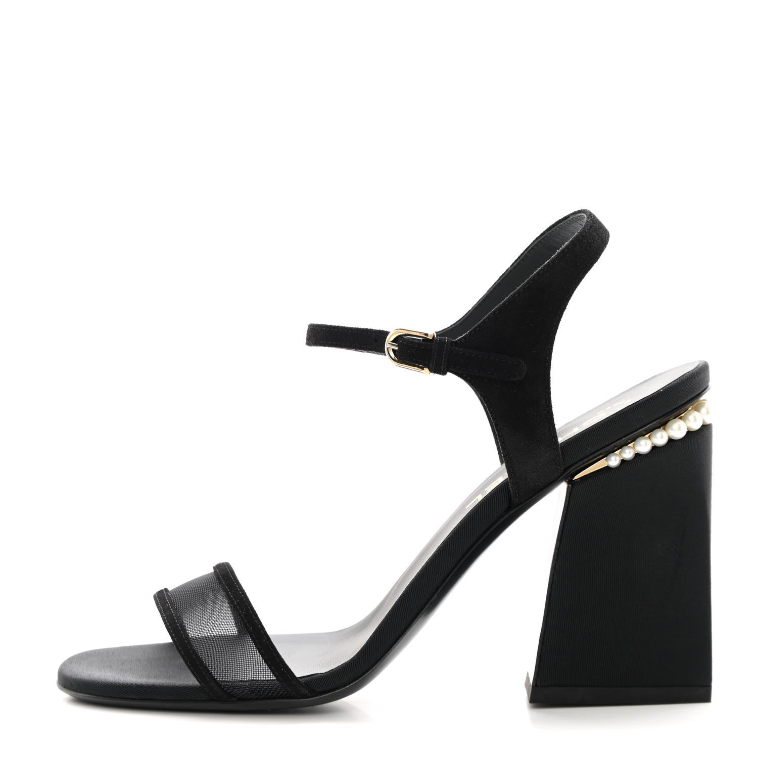 Chanel Lambskin Grosgrain Open Toe Pearl Sandal Heels 39.5 Black 1 of 12